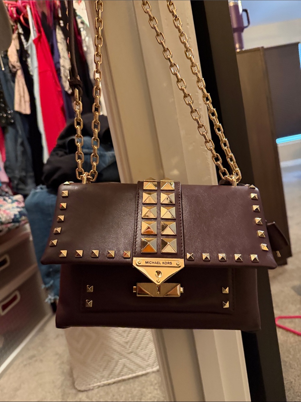 Michael Kors Brown Leather Studded Chain Crossbody with Gold Hardware